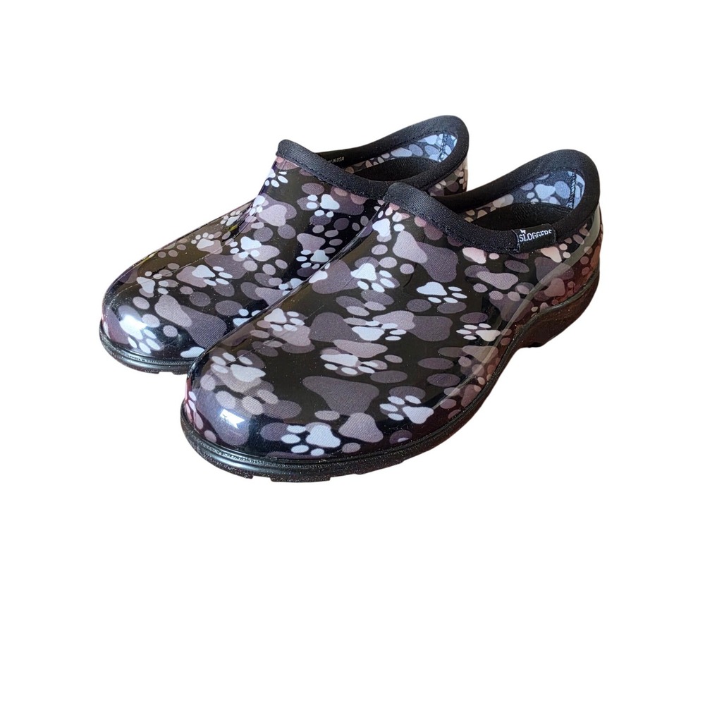 Sloggers Paw Print Waterproof Garden Shoes Women's 8 Black Gray Slip On Made USA